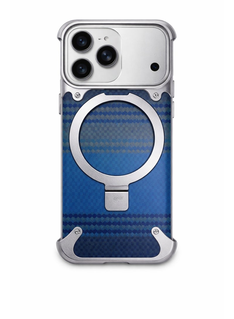 iPhone 17 Pro Case with Magnetic Ring Stand, Wireless Charging Compatible, Premium Metal Frame, Arctic Blue Carbon Fiber Texture, Slim Shockproof Protective Cover - Image 1